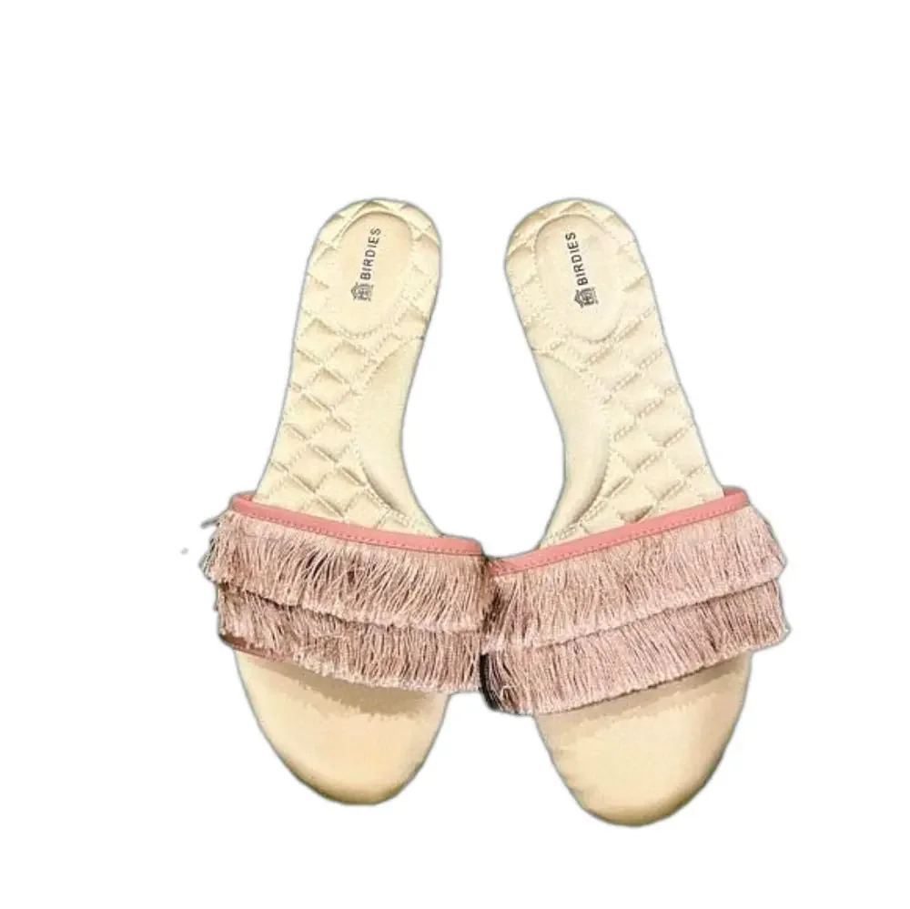 Birdies Pink and Cream Fringe Slide Sandals